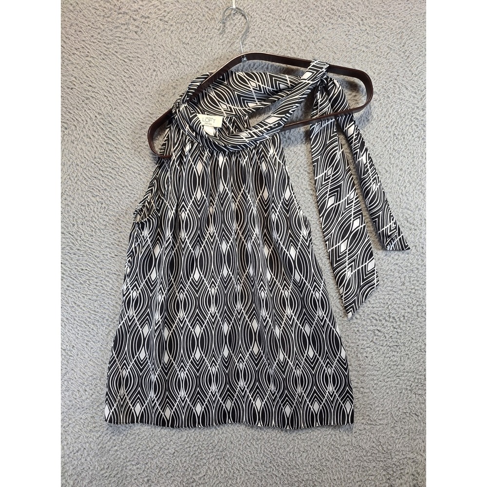Ann Taylor Loft Halter Top Womens Small Petite Black‎ White Geometric Blouse